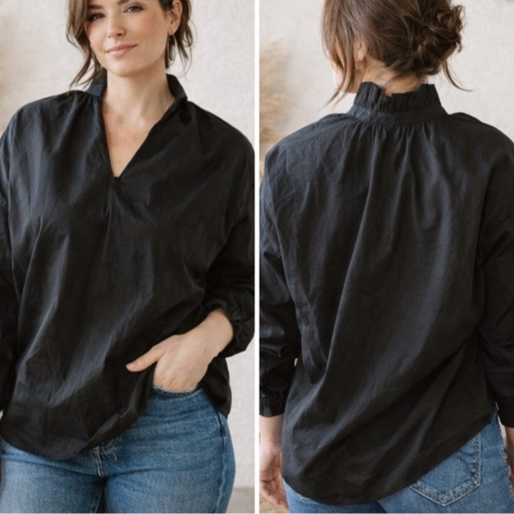 A Shirt Thing Penelope Cabo Oversized Black Cotton Ruffle Collar Blouse